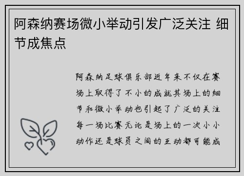 阿森纳赛场微小举动引发广泛关注 细节成焦点