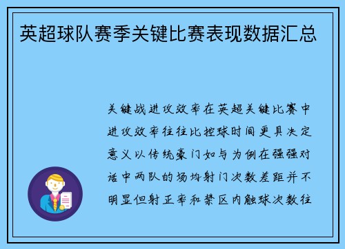 英超球队赛季关键比赛表现数据汇总